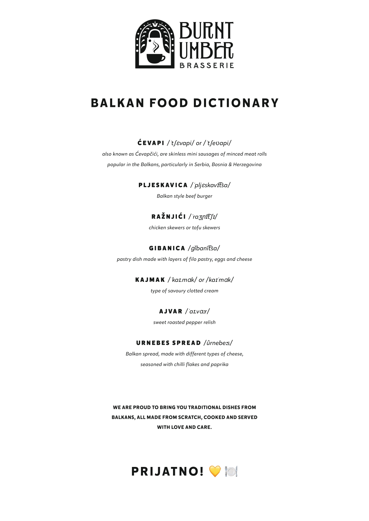 Burnt Umber Brasserie Menu: Balkan Dinner Menu Page 1